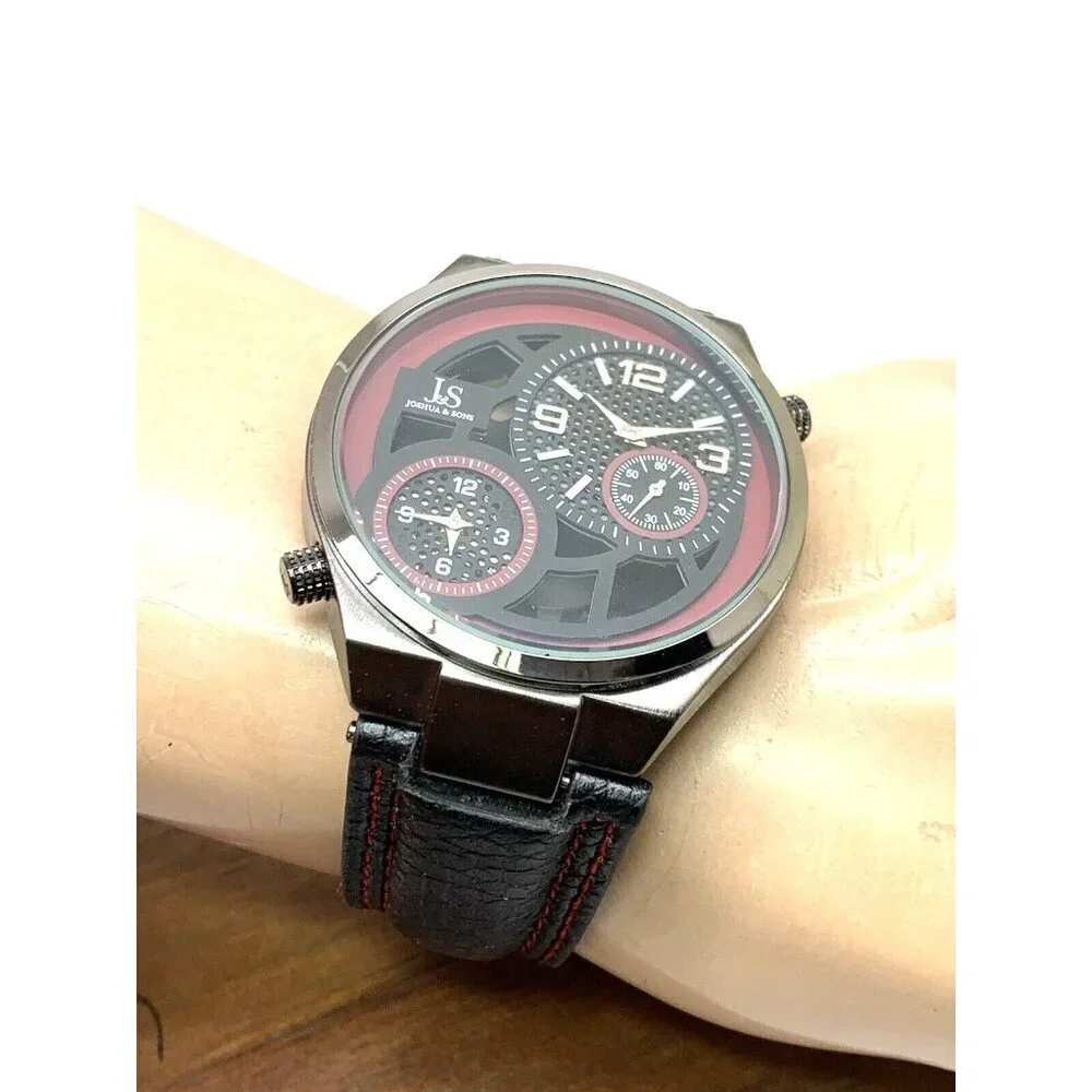 Joshua & Sons Men's Watch JS83 Quartz Dual Time Zone Red Black Dial Leat…